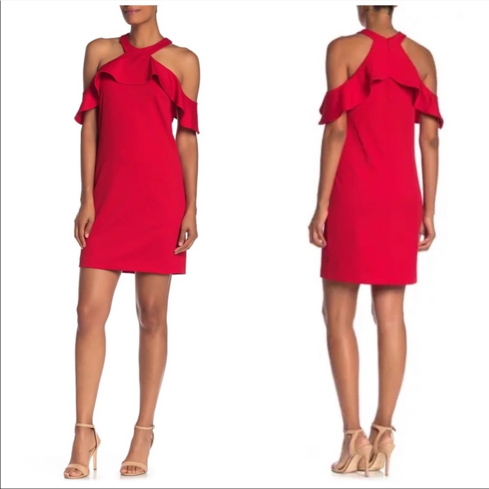 Trina Turk Jurnee Ruffled Cold Shoulder Dress Red